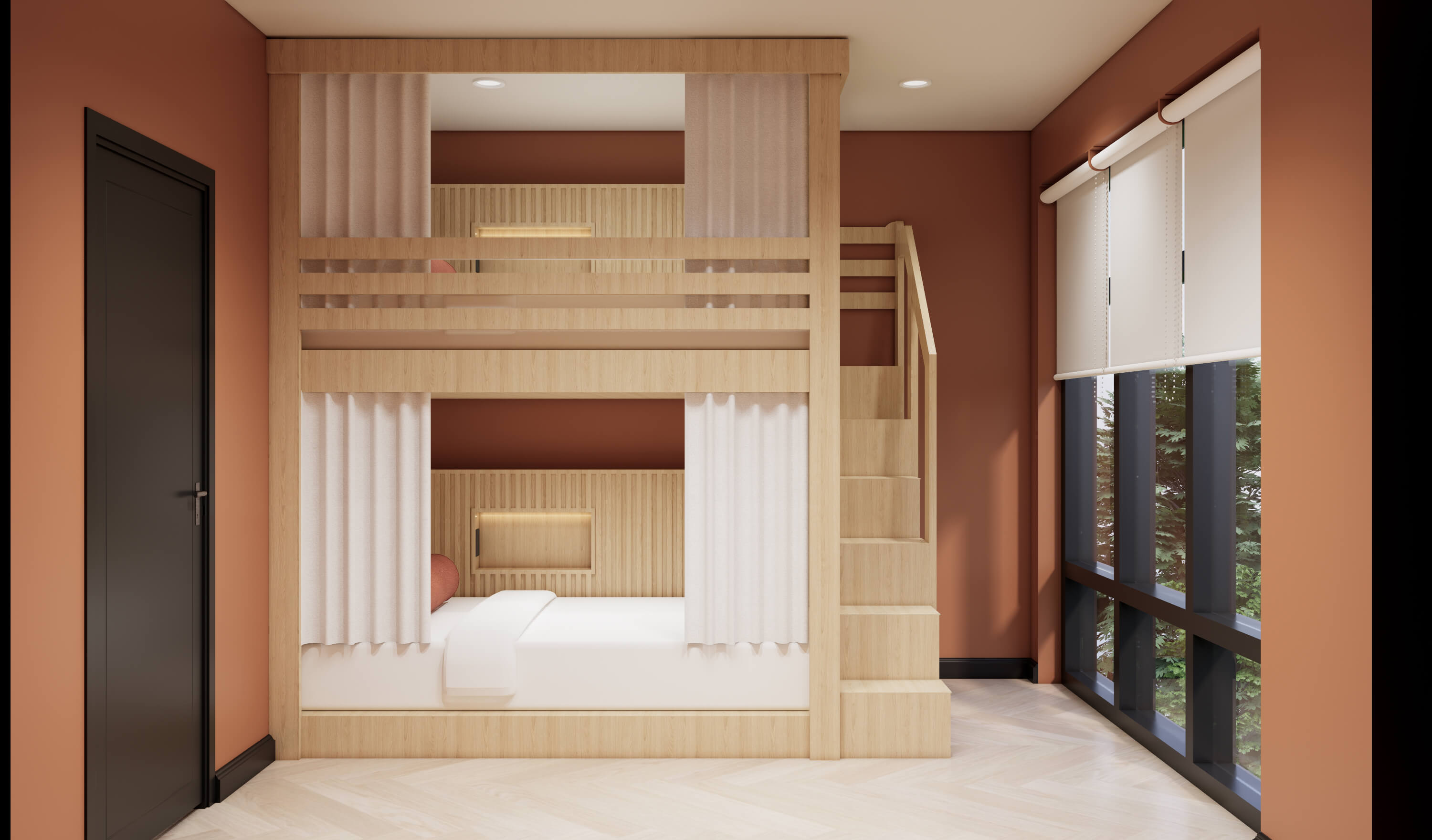 Large bunk beds with stairs at The Quinley