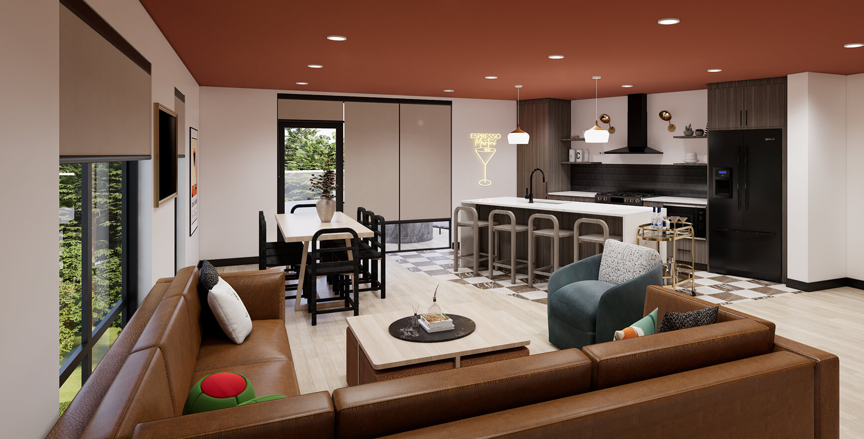 Common area with kitchen and leather sofa at The Quinley boutique hotel in The Gulch, Nashville