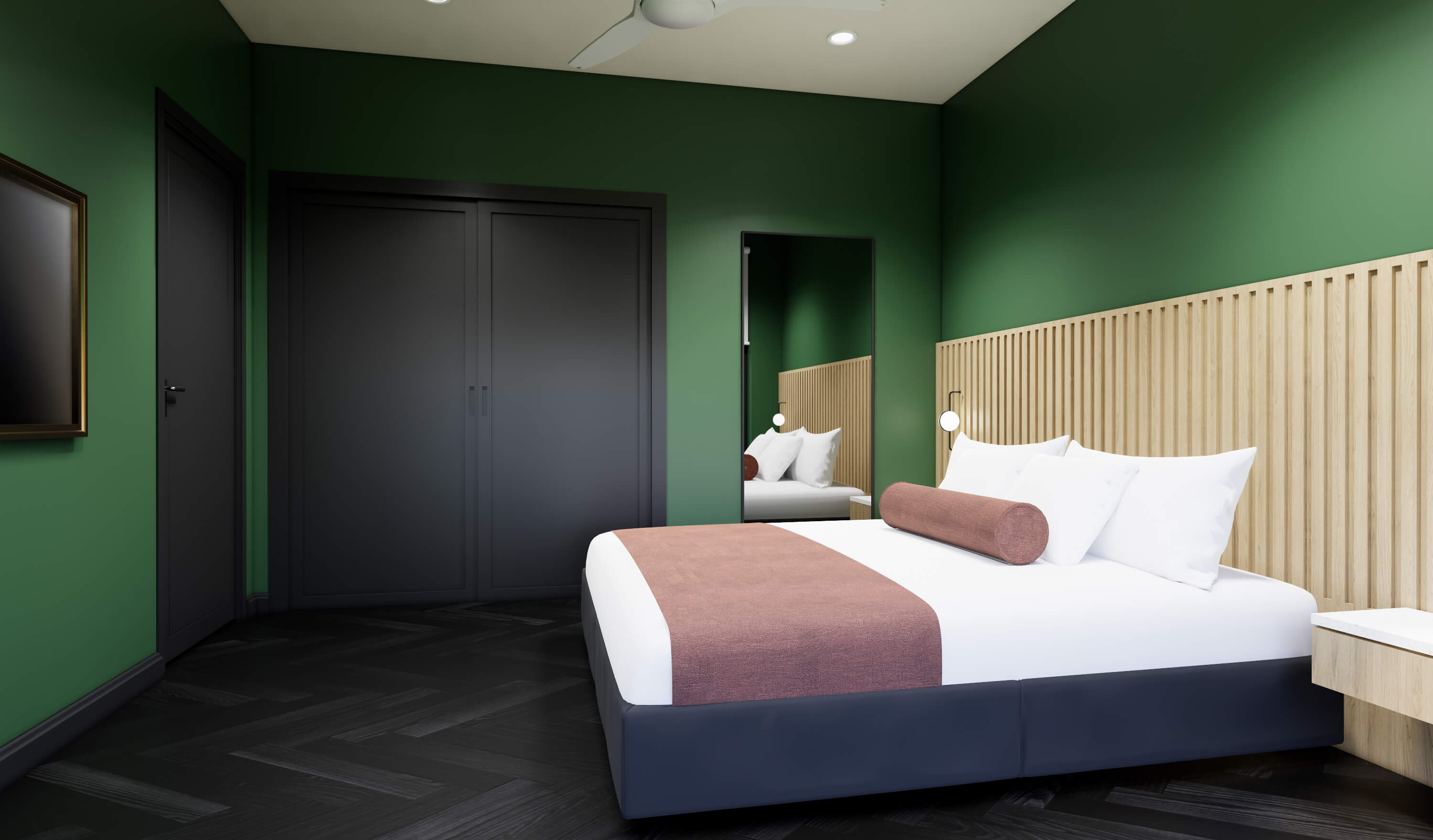 King bedroom with floor to ceiling windows at The Quinley boutique hotel in The Gulch, Nashville