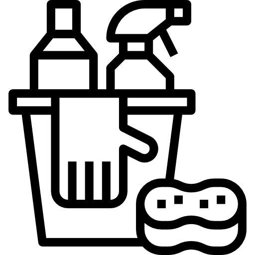 Pixel art icon of a cleaning bucket with two spray bottles and a sponge.