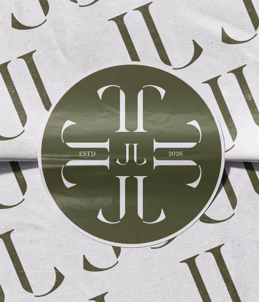 Green circular logo with symmetrical stylized JL letters and text 'ESTD 2026' on white background with repeated JL pattern.