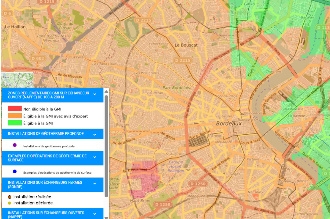 Map of Bordeaux showing geothermal zones by eligibility and installations with a legend on the left.
