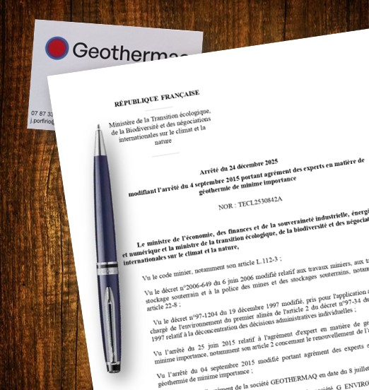Document from French Ministry of Ecological Transition about geothermal energy next to a pen and GEOTHERMAQ card.