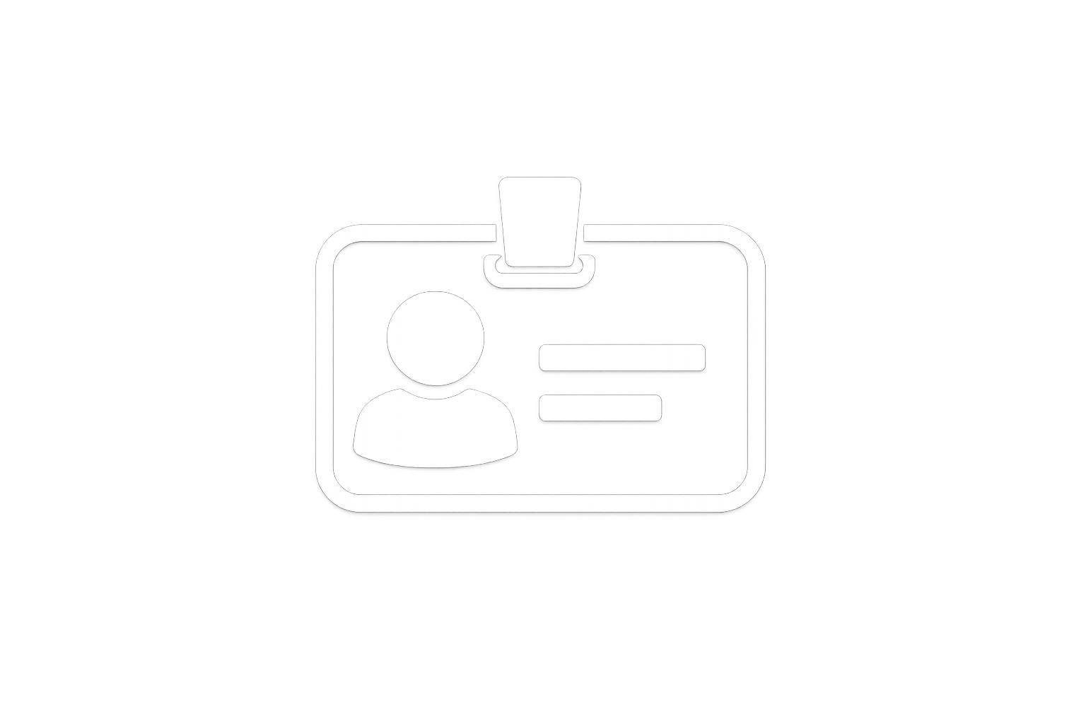 White glowing ID badge icon with person silhouette and two lines on a gray background.