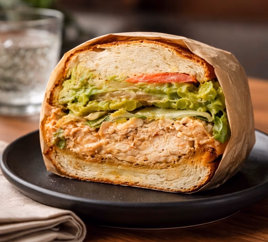 Close-up of a sandwich with grilled chicken, lettuce, tomato, and avocado spread on toasted bread, partially wrapped in paper on a black plate.