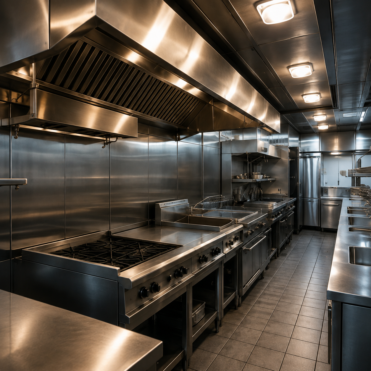 Commercial restaurant kitchen with a stainless steel exhaust hood