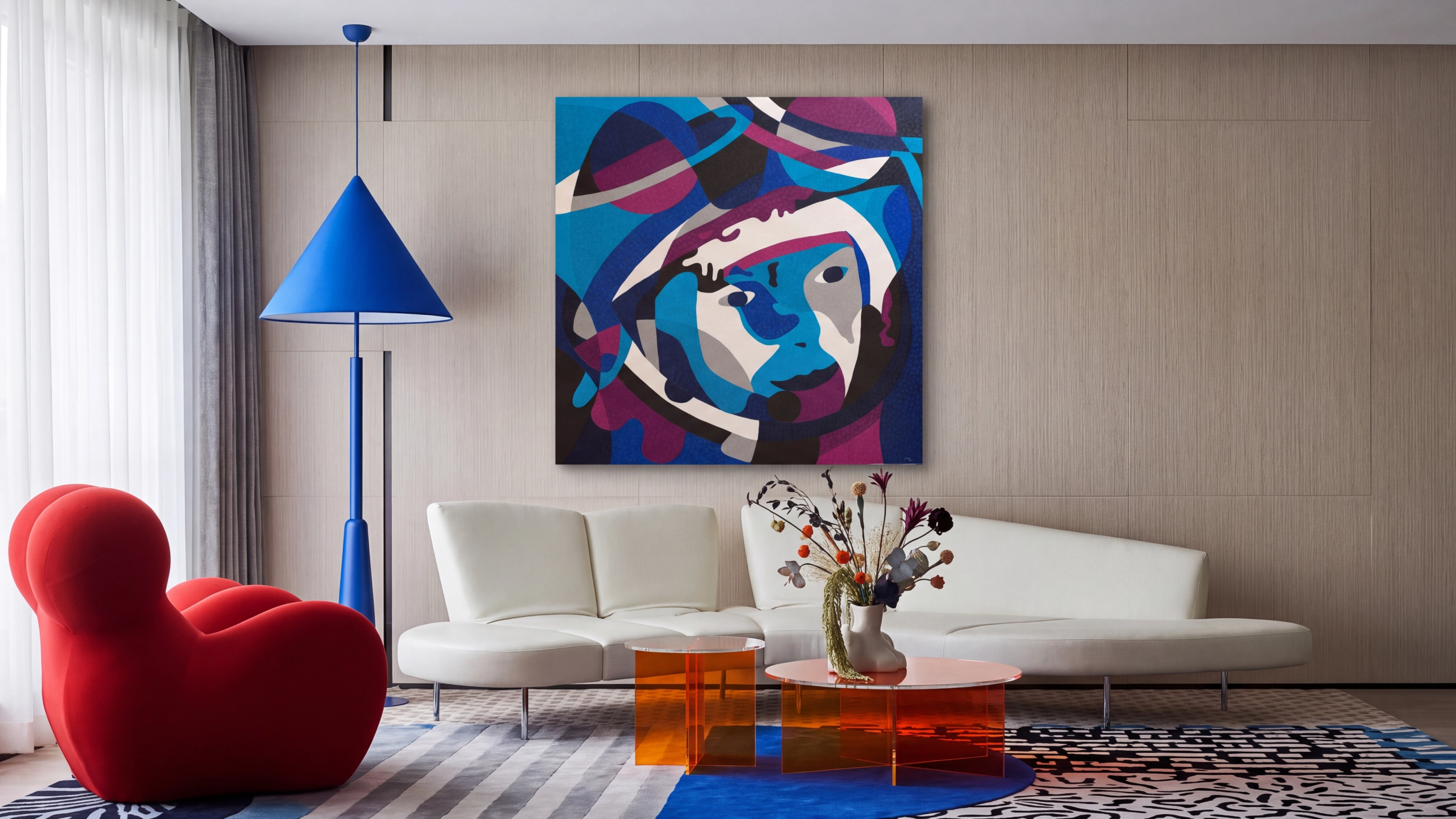 Blue and violet abstract portrait of Yuri Gagarin in a space helmet, painted by Nala Kun.
