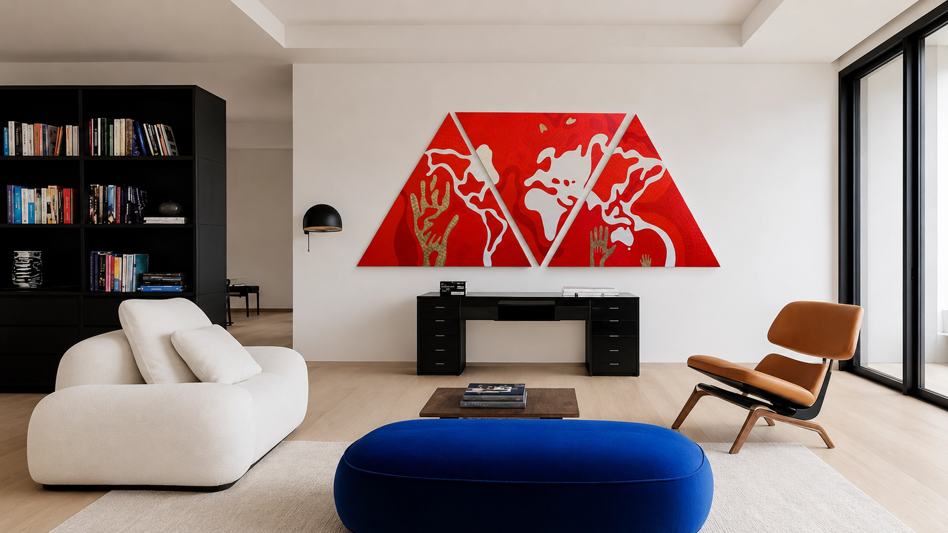 Red and gold triptych The World in Our Hands by Nala Kun, with white hands and world-map forms.
