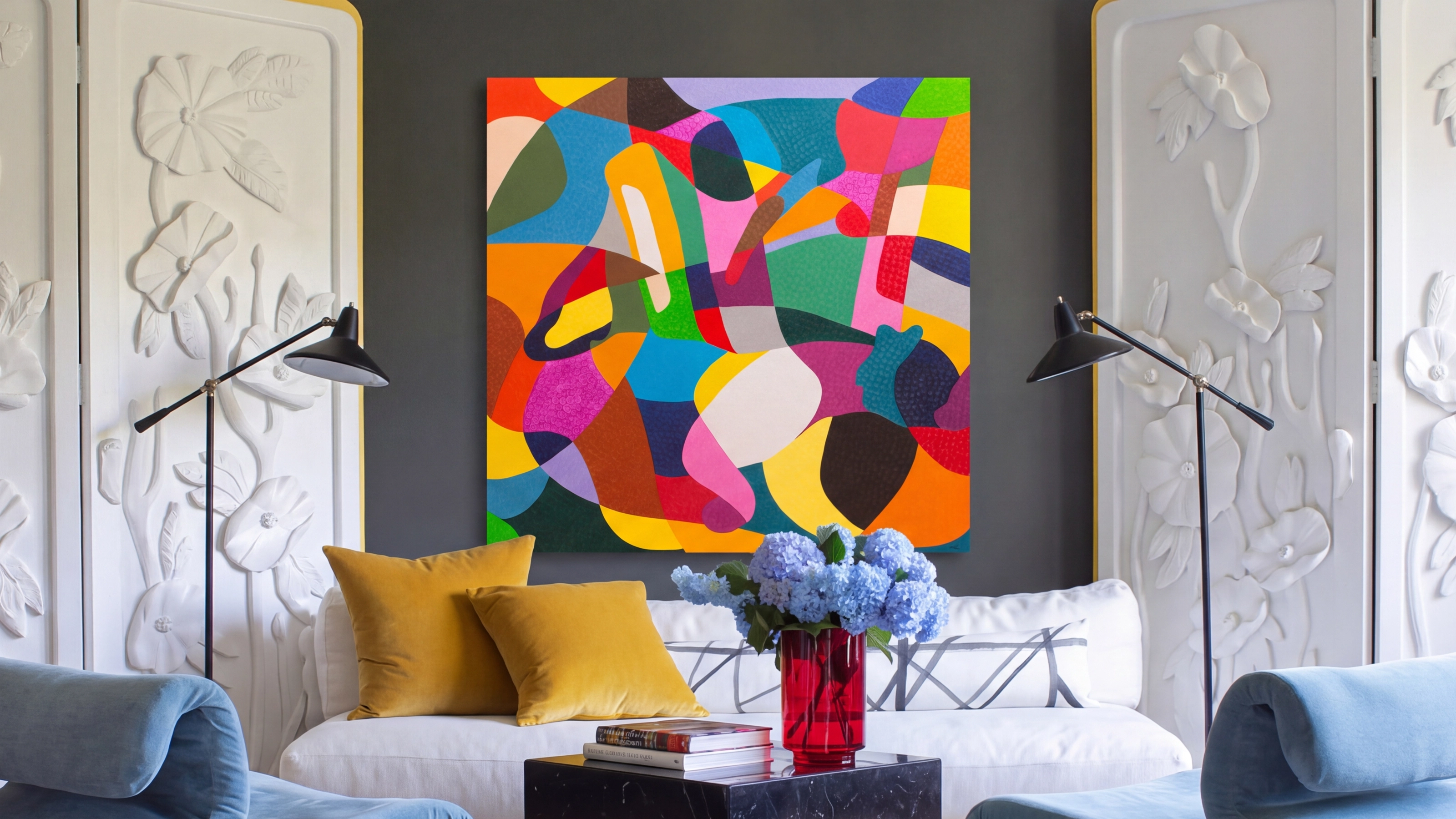 Colorful abstract oil painting Clumsy Bear by Nala Kun, with a bear and balalaika amid bold geometric forms.