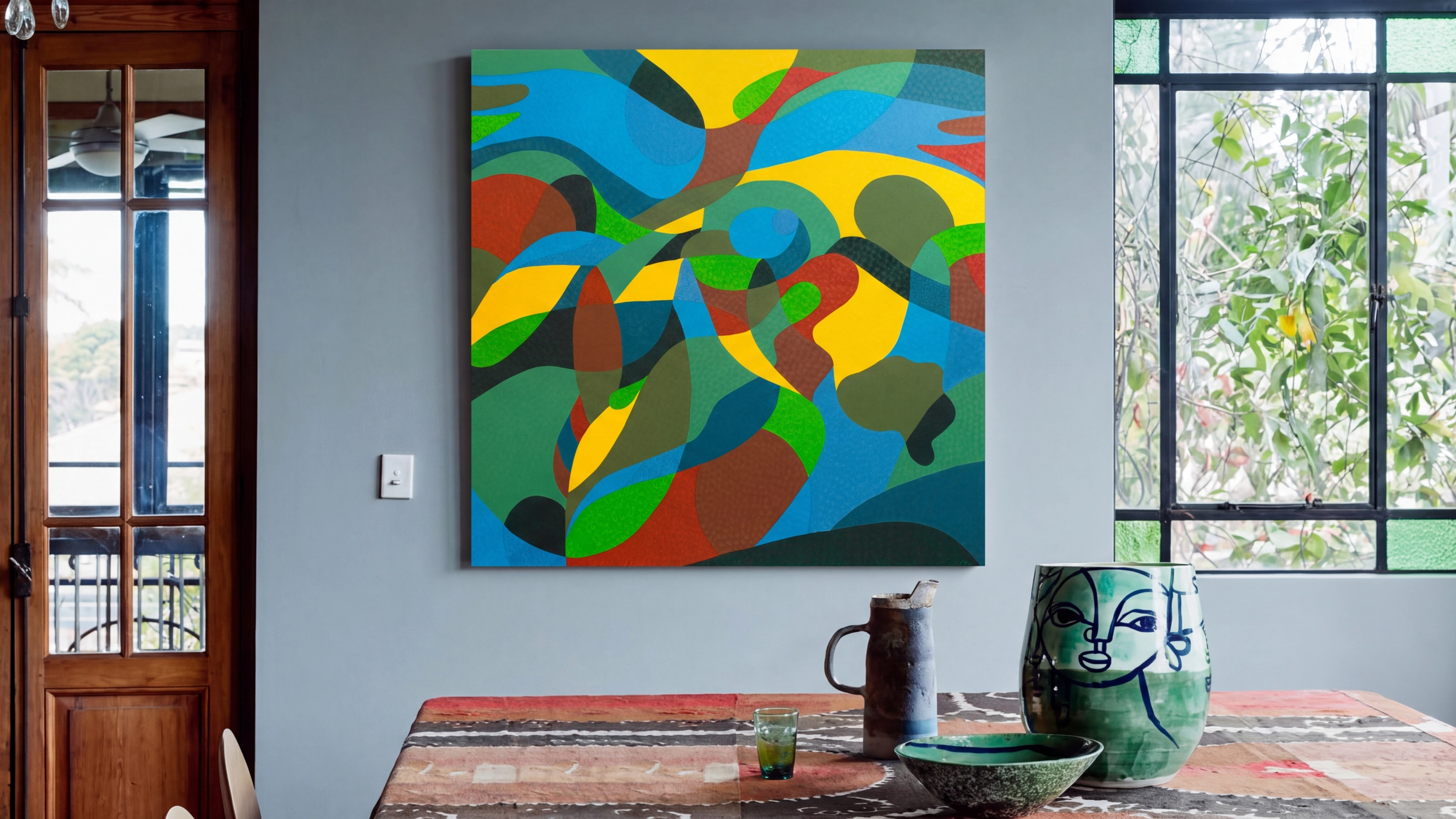 Abstract oil painting The Village by Nala Kun, with layered blue, green, and yellow fields and a rural horizon.