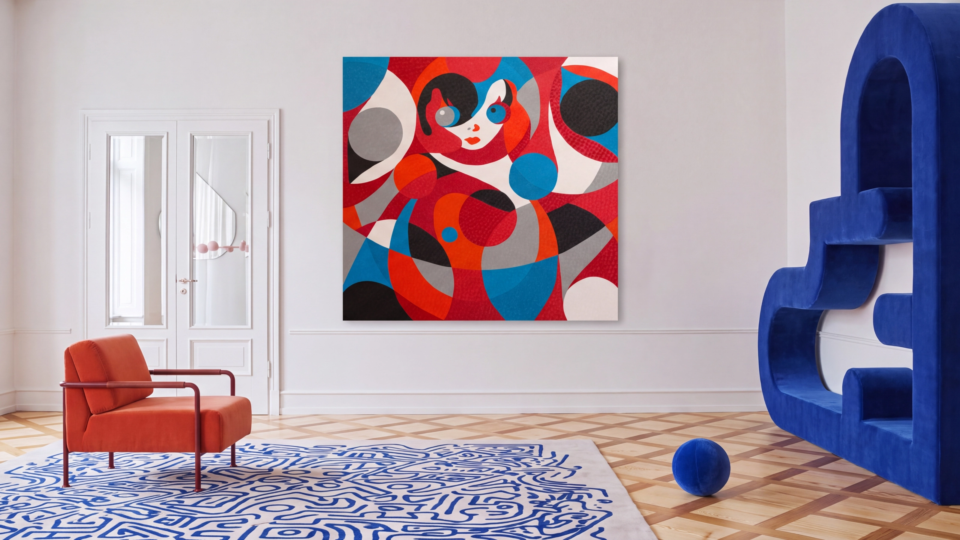 Red, black, and blue abstract oil painting Tilting Doll by Nala Kun, depicting a stylized roly-poly doll.