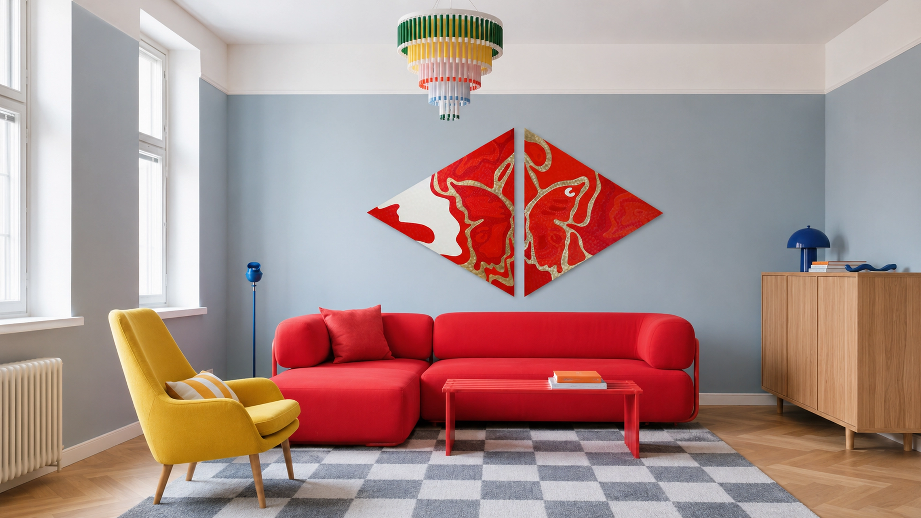 Red and gold diamond-shaped diptych Effect by Nala Kun, centered on a butterfly motif.