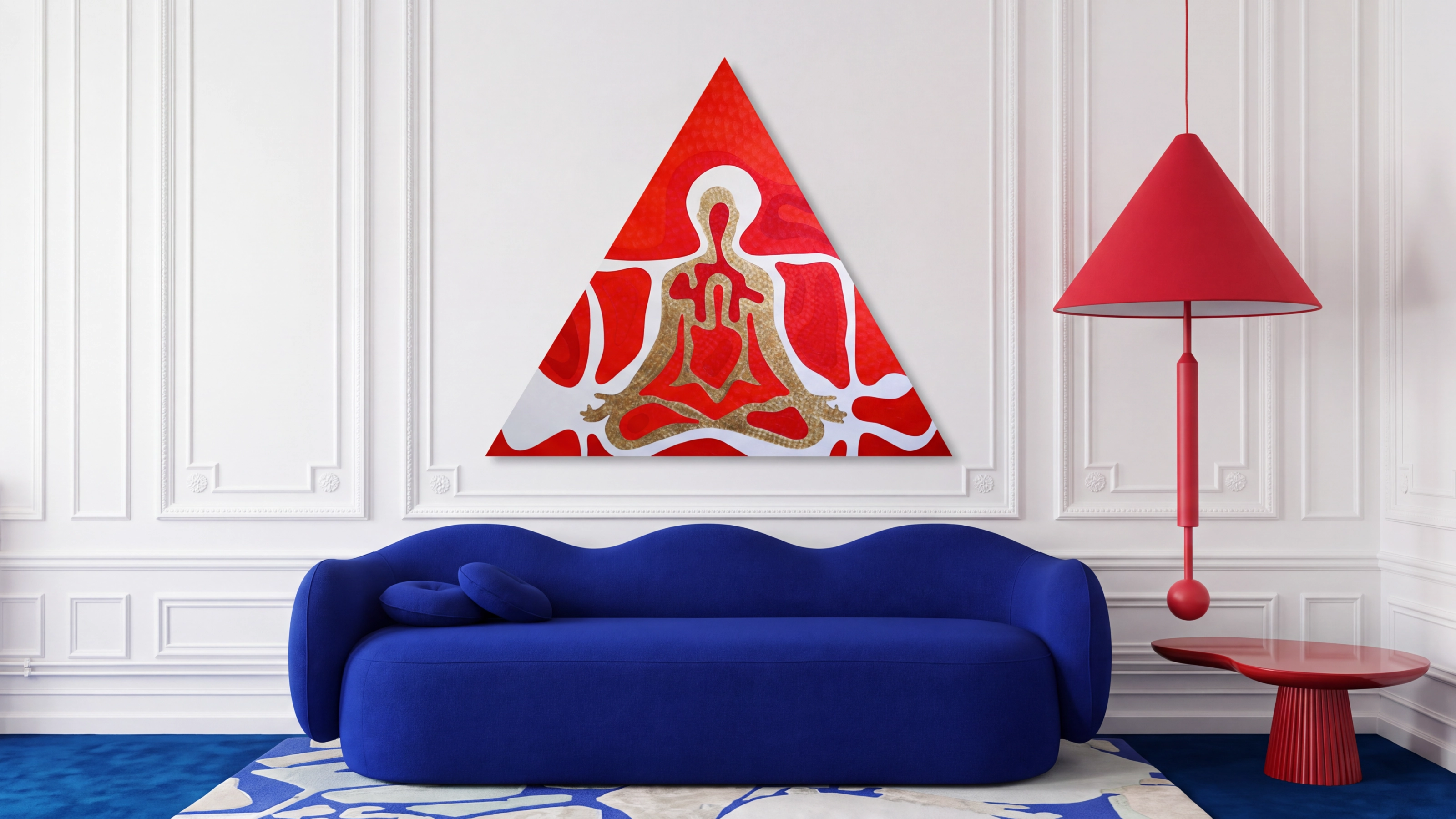 Triangular red and gold painting Puzzle by Nala Kun, with a meditating figure inside a puzzle form.