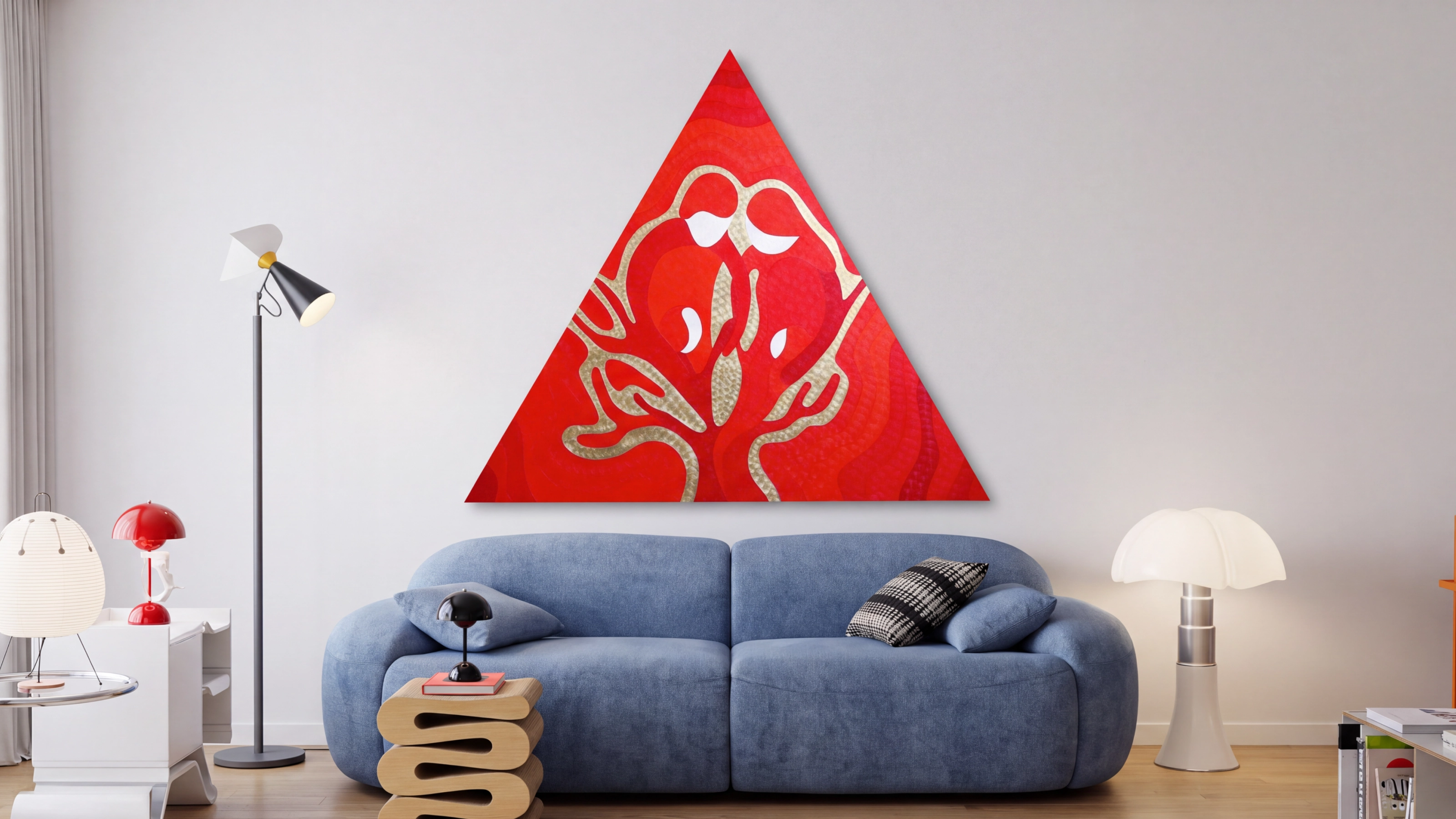 Triangular red and gold painting Family by Nala Kun, blending a white tree with family silhouettes.