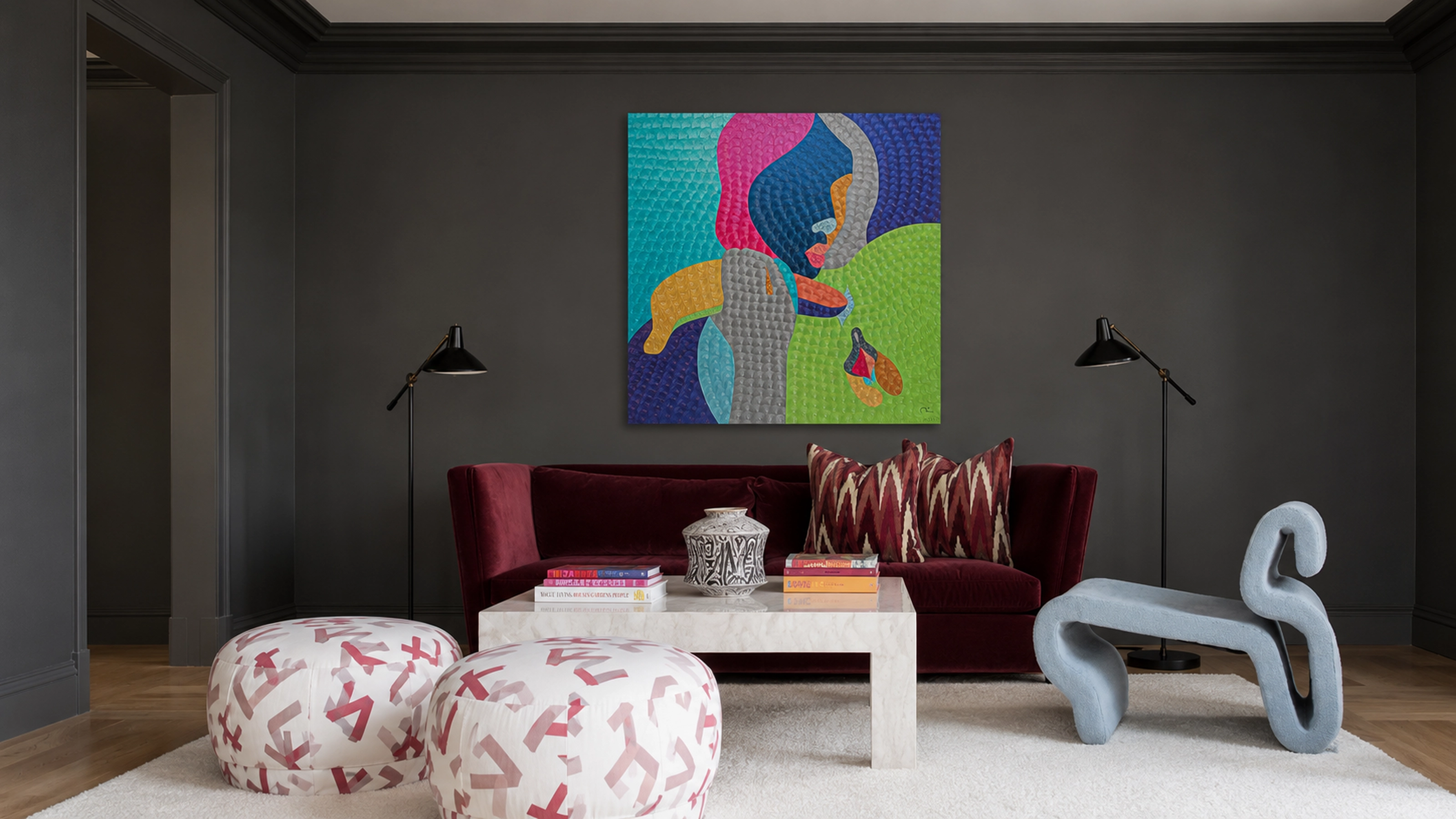 Turquoise, violet, and pink textured oil painting Classic Banana Split by Nala Kun, with stylized hands and banana forms.