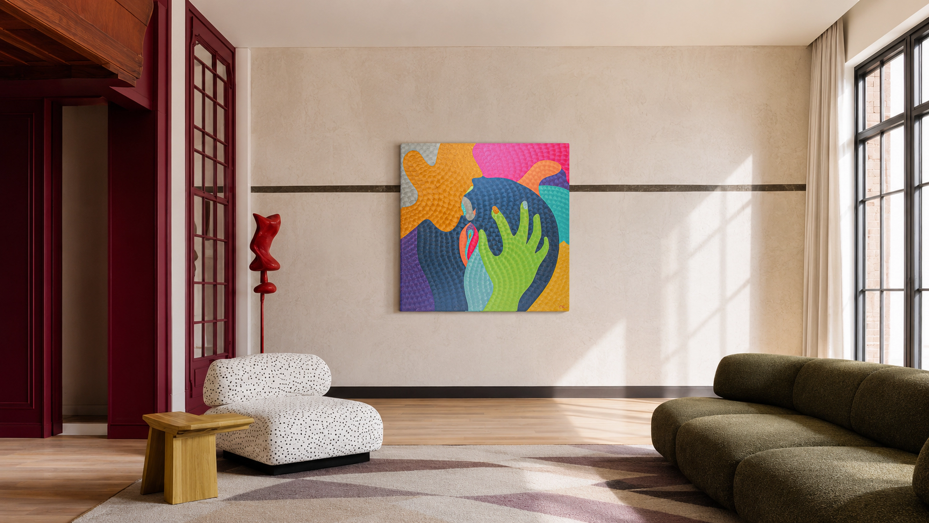Colorful textured oil painting Krispy Creme Doughnut by Nala Kun, with reaching hands and a doughnut motif.