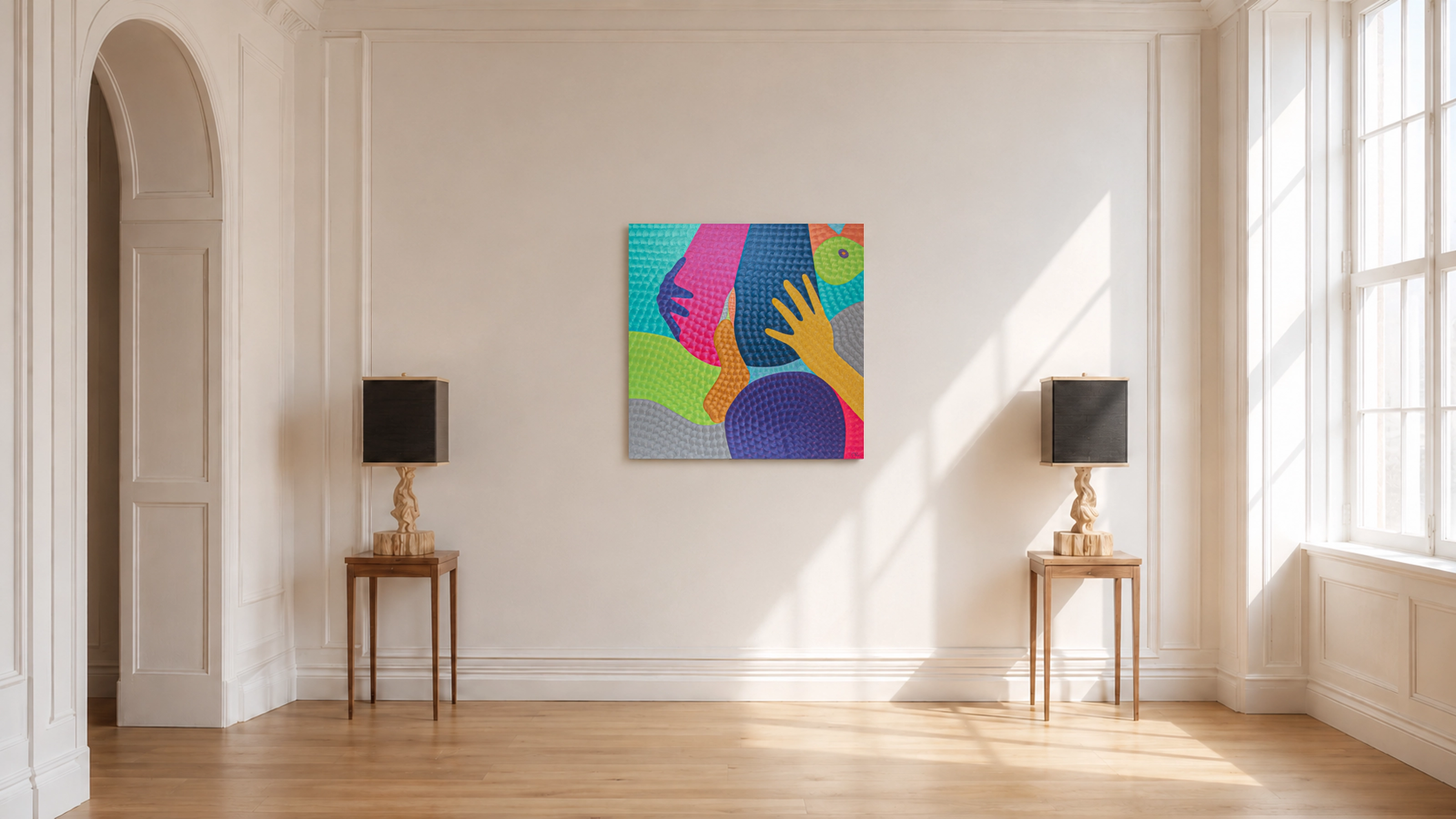 Turquoise, pink, and violet textured oil painting Tiramisu by Nala Kun, with contrasting hands and dessert forms.