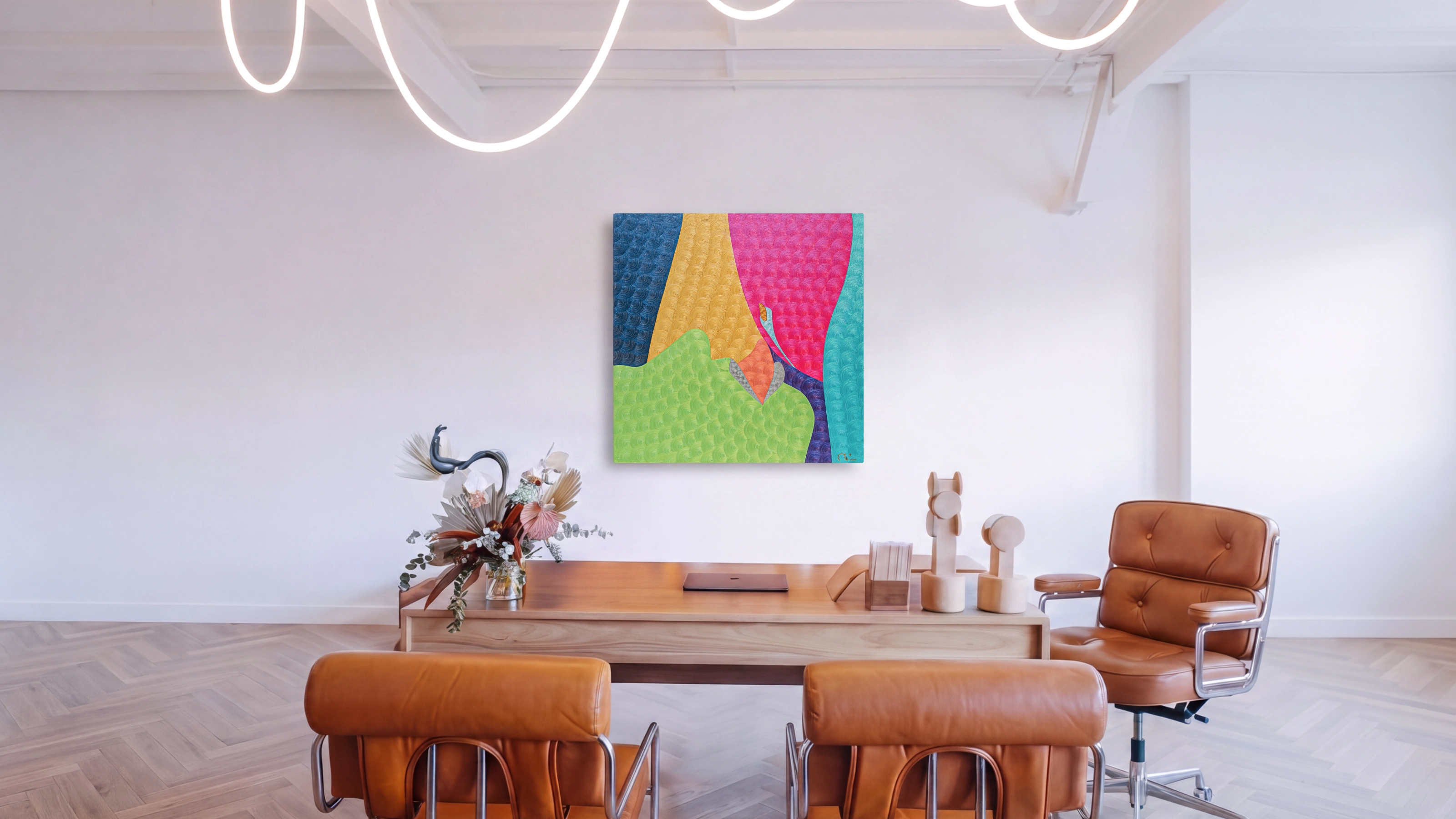 Bright textured oil painting Lolly Pop by Nala Kun, with a stylized hand and candy-inspired geometric forms.