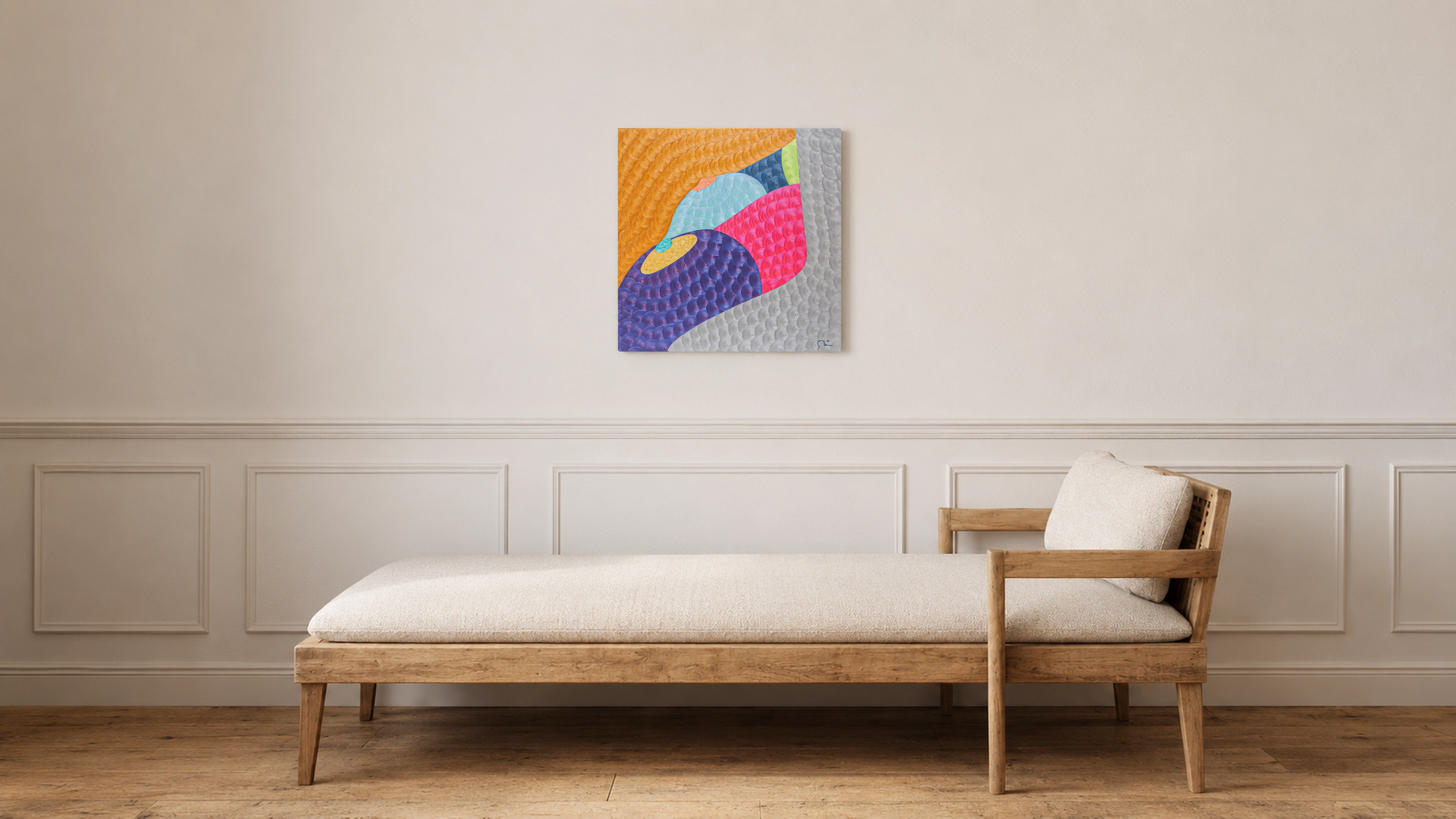 Orange, turquoise, and violet textured oil painting Pavlova Dessert by Nala Kun, with an abstract hand and dessert forms.
