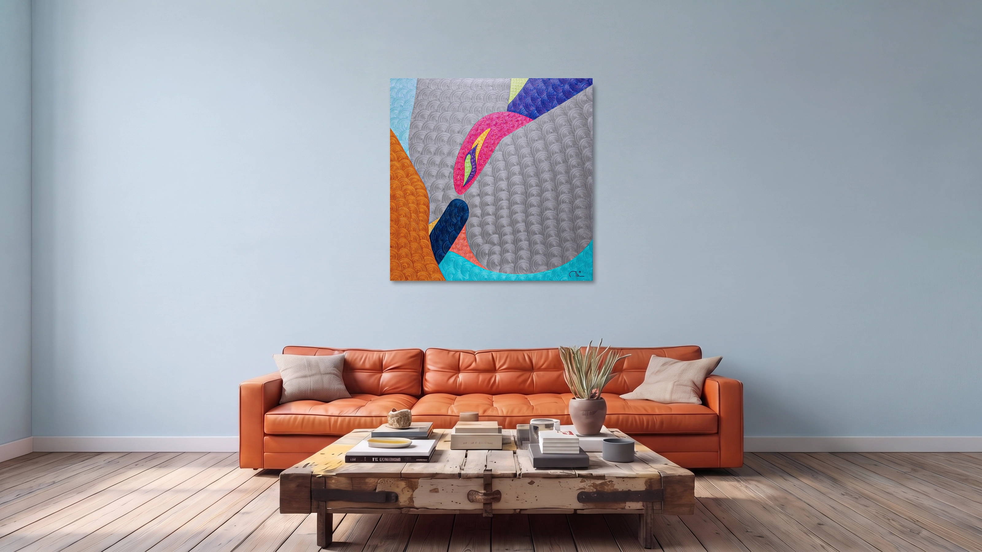 Silver, violet, and orange textured oil painting French Baguette by Nala Kun, with stylized hands and bread-inspired forms.