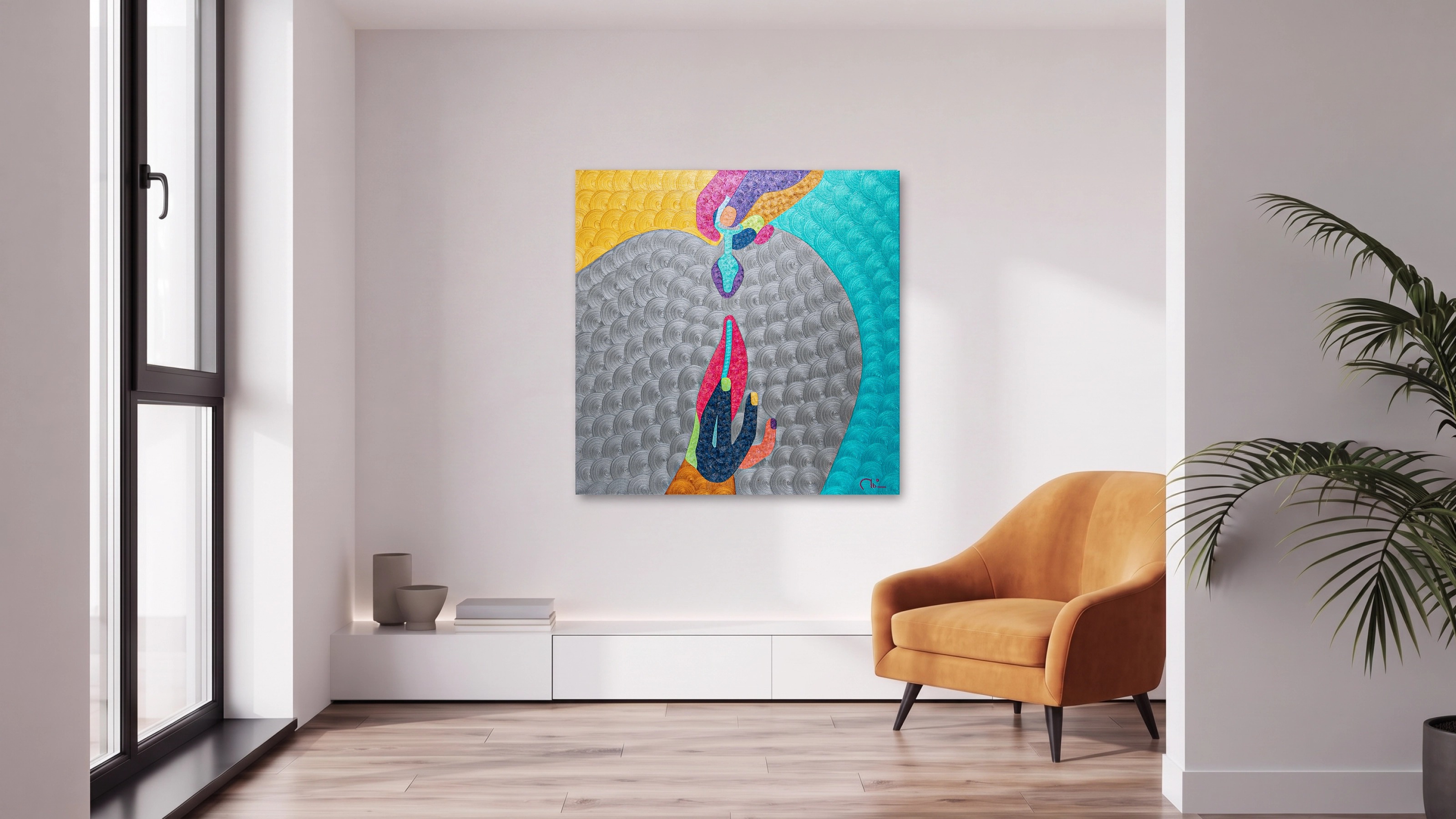 Silver and turquoise textured oil painting Champagne Mousse by Nala Kun, with two stylized figures and dessert forms.