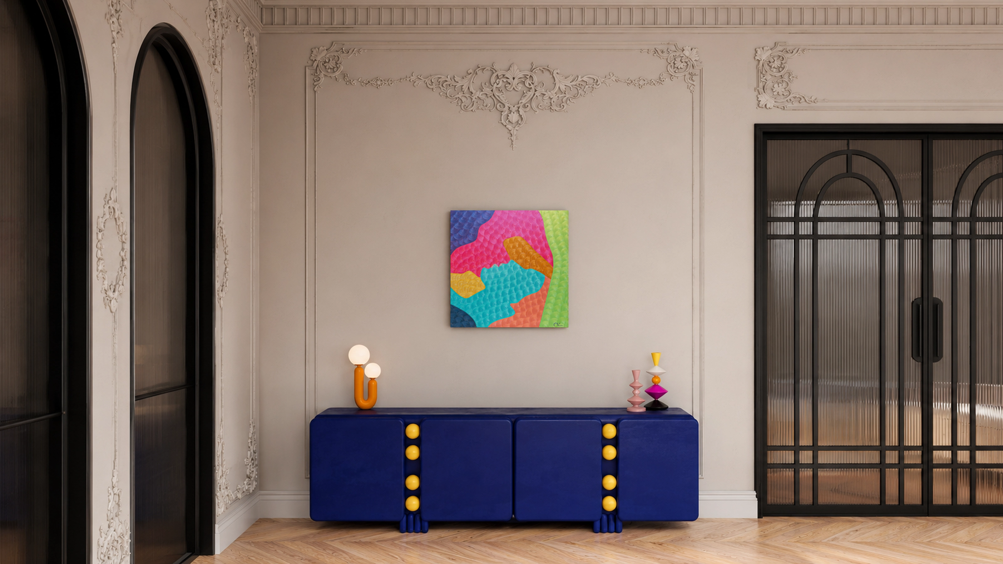 Pink, turquoise, and orange textured oil painting Midnight Kiss Cookie by Nala Kun, with two abstract profiles meeting in a kiss.