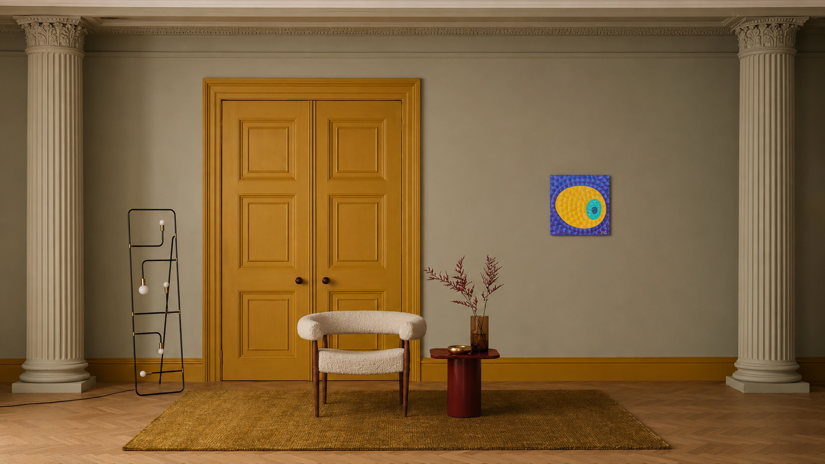 Yellow circular macaron-like form on a deep blue and violet textured background, painted by Nala Kun.