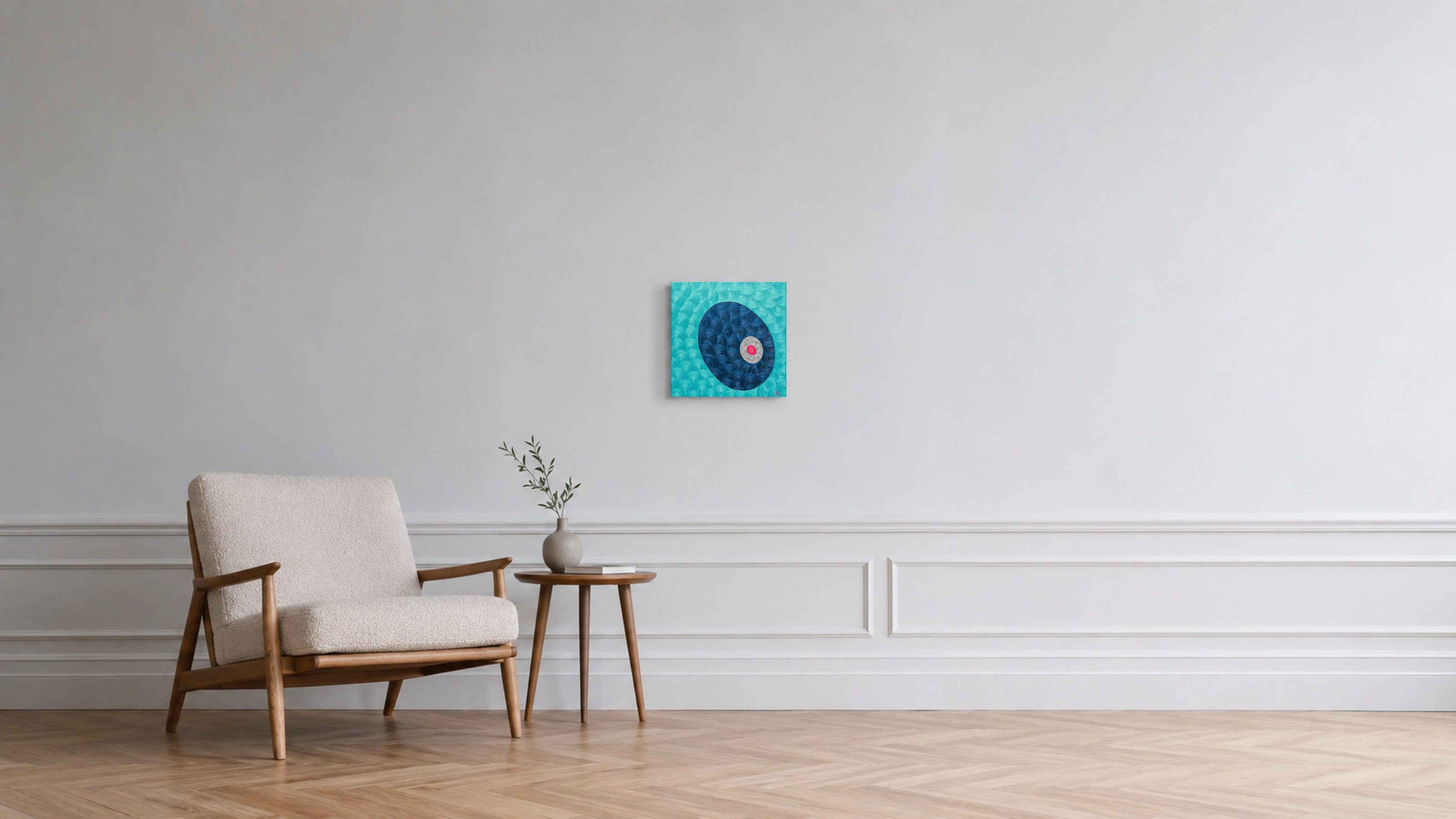 Dark blue circular macaron-like form on a turquoise textured background, painted by Nala Kun.