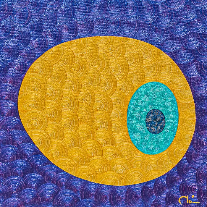 Yellow circular macaron-like form on a deep blue and violet textured background, painted by Nala Kun.