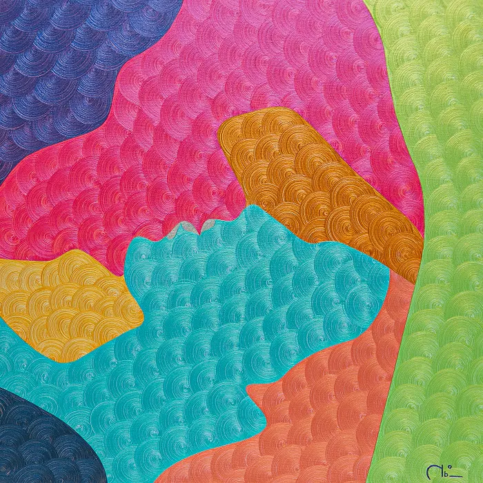 Pink, turquoise, and orange textured oil painting Midnight Kiss Cookie by Nala Kun, with two abstract profiles meeting in a kiss.