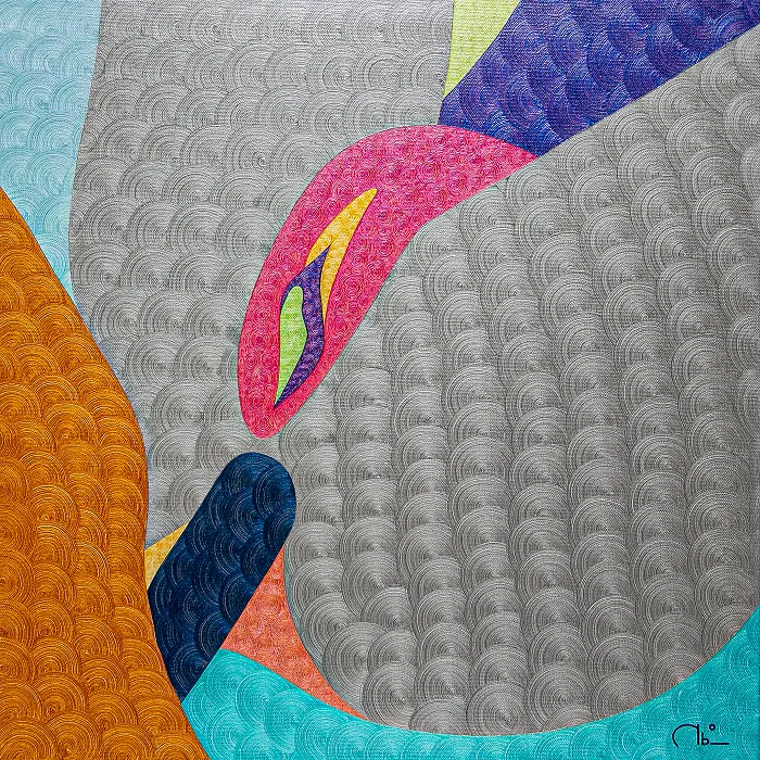Silver, violet, and orange textured oil painting French Baguette by Nala Kun, with stylized hands and bread-inspired forms.