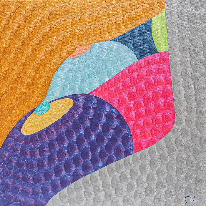Orange, turquoise, and violet textured oil painting Pavlova Dessert by Nala Kun, with an abstract hand and dessert forms.
