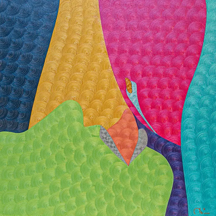 Bright textured oil painting Lolly Pop by Nala Kun, with a stylized hand and candy-inspired geometric forms.