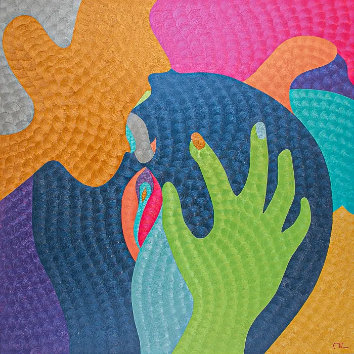 Colorful textured oil painting Krispy Creme Doughnut by Nala Kun, with reaching hands and a doughnut motif.