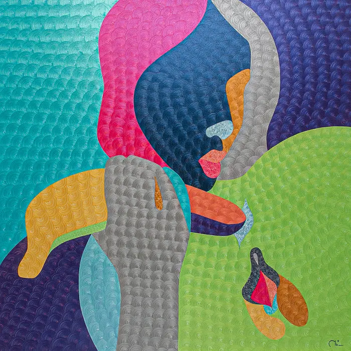 Turquoise, violet, and pink textured oil painting Classic Banana Split by Nala Kun, with stylized hands and banana forms.