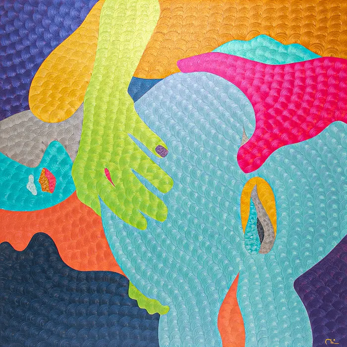 Blue, yellow, and coral textured oil painting Brownie by Nala Kun, with overlapping hands and dessert forms.