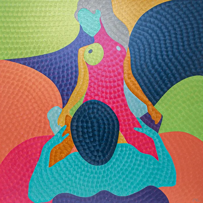Colorful textured oil painting The Golden Cupcake by Nala Kun, with hands presenting a dark round cupcake form.