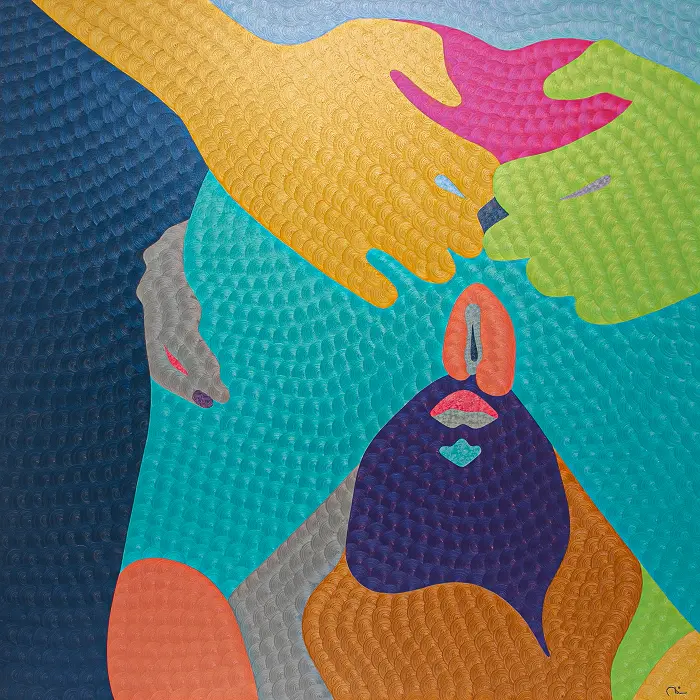 Colorful textured oil painting Peppermint Chocolate Pudding by Nala Kun, with hands framing a dark dessert form.