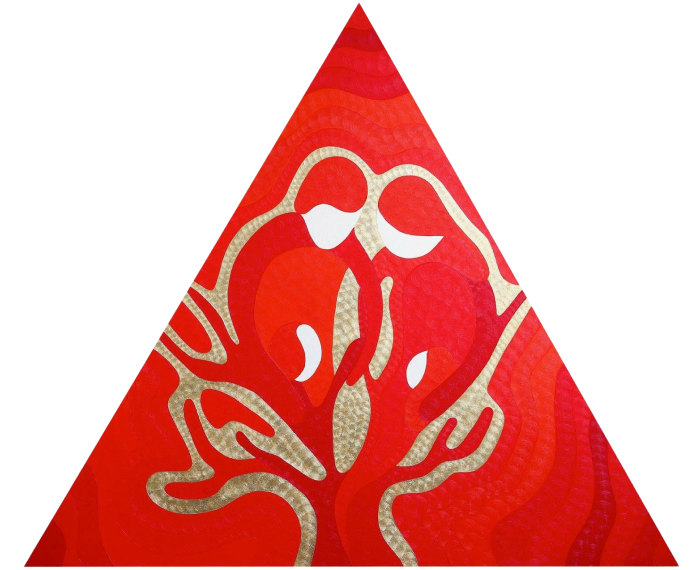 Triangular red and gold painting Family by Nala Kun, blending a white tree with family silhouettes.