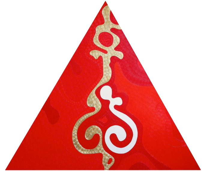 Triangular red and gold painting Key by Nala Kun, featuring an antique key silhouette.