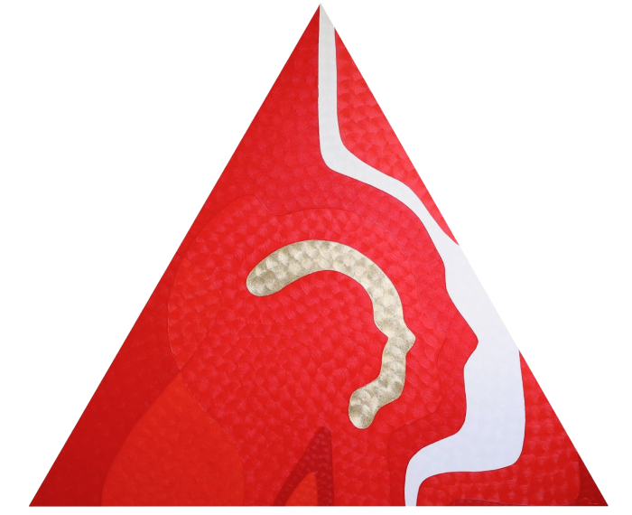 Triangular red and gold abstract painting Enigma by Nala Kun, with a flowing white question-like form.