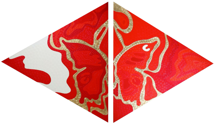 Red and gold diamond-shaped diptych Effect by Nala Kun, centered on a butterfly motif.