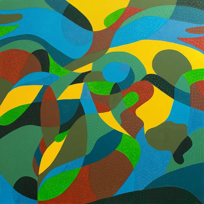 Abstract oil painting The Village by Nala Kun, with layered blue, green, and yellow fields and a rural horizon.
