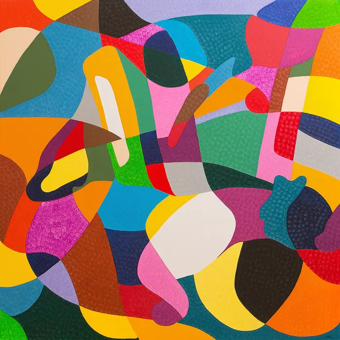 Colorful abstract oil painting Clumsy Bear by Nala Kun, with a bear and balalaika amid bold geometric forms.