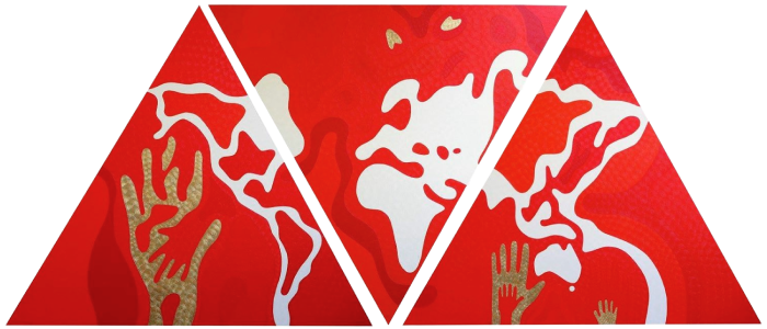 Red and gold triptych The World in Our Hands by Nala Kun, with white hands and world-map forms.