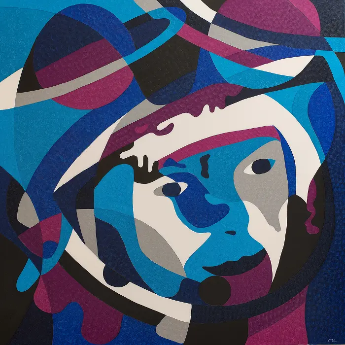 Blue and violet abstract portrait of Yuri Gagarin in a space helmet, painted by Nala Kun.