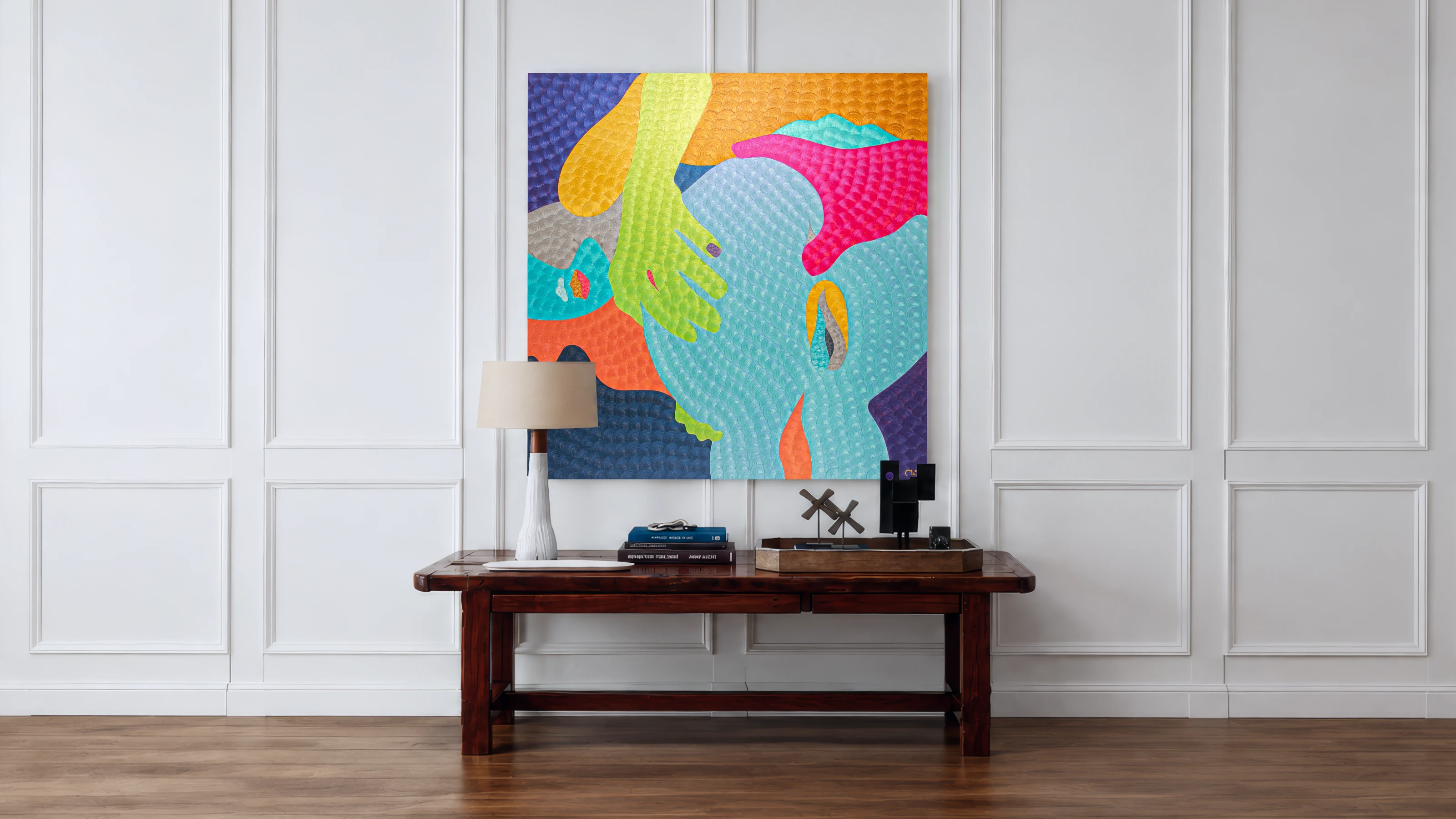 Blue, yellow, and coral textured oil painting Brownie by Nala Kun, with overlapping hands and dessert forms.