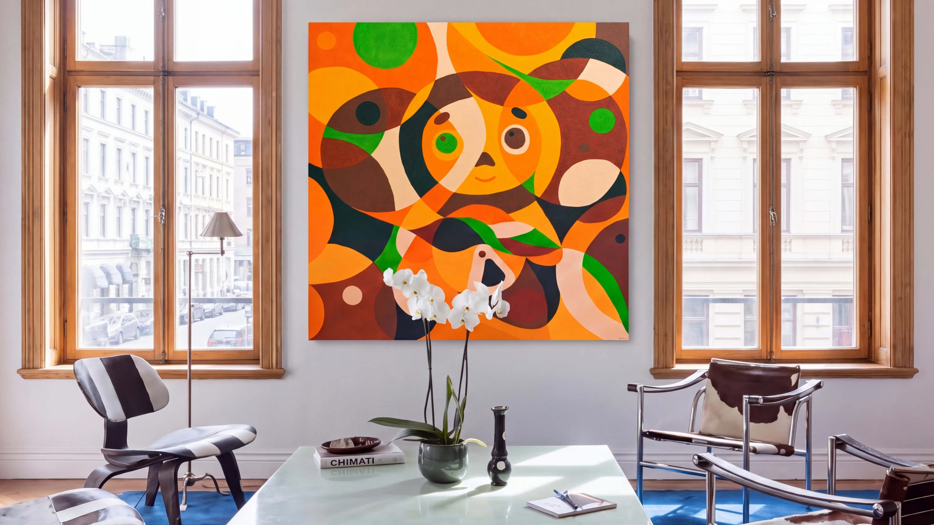 Orange and brown abstract oil painting Cheburashka by Nala Kun, with the character's face among circular forms.