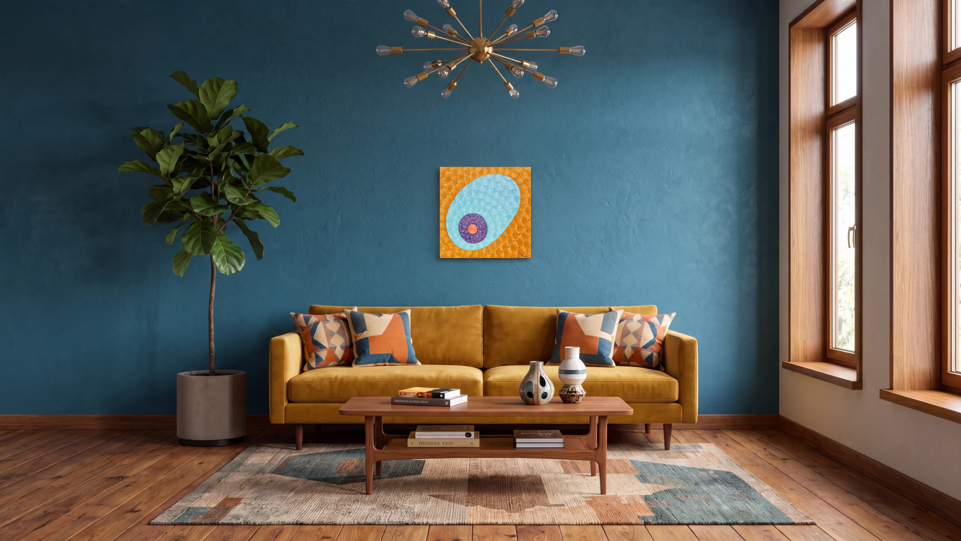 Pale blue circular macaron-like form on a warm orange textured background, painted by Nala Kun.