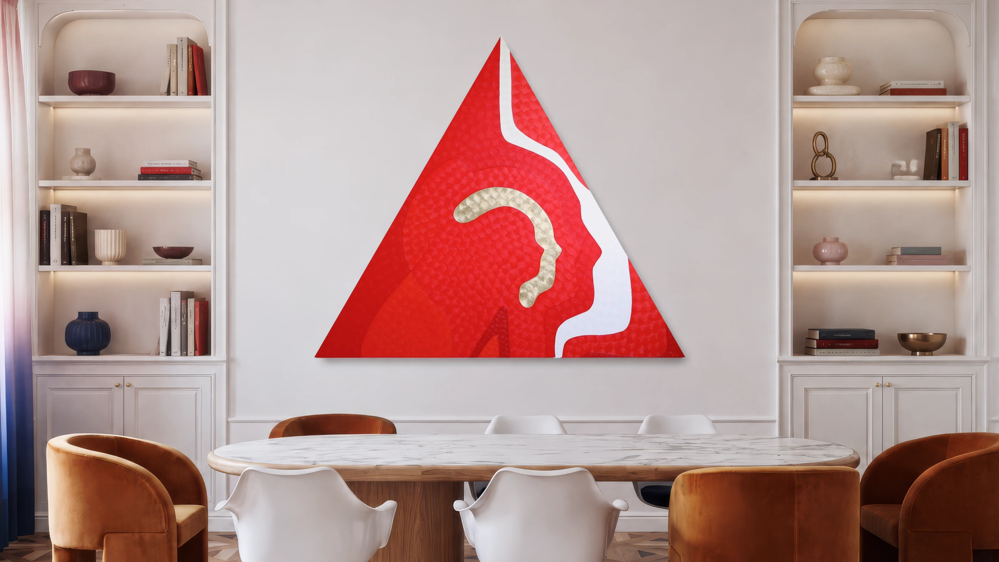 Triangular red and gold abstract painting Enigma by Nala Kun, with a flowing white question-like form.